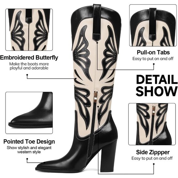 Women's Black Pointed Toe Chunky High Heels Butterfly Cowgirl Boots Wide Calf - Picture 5 of 7